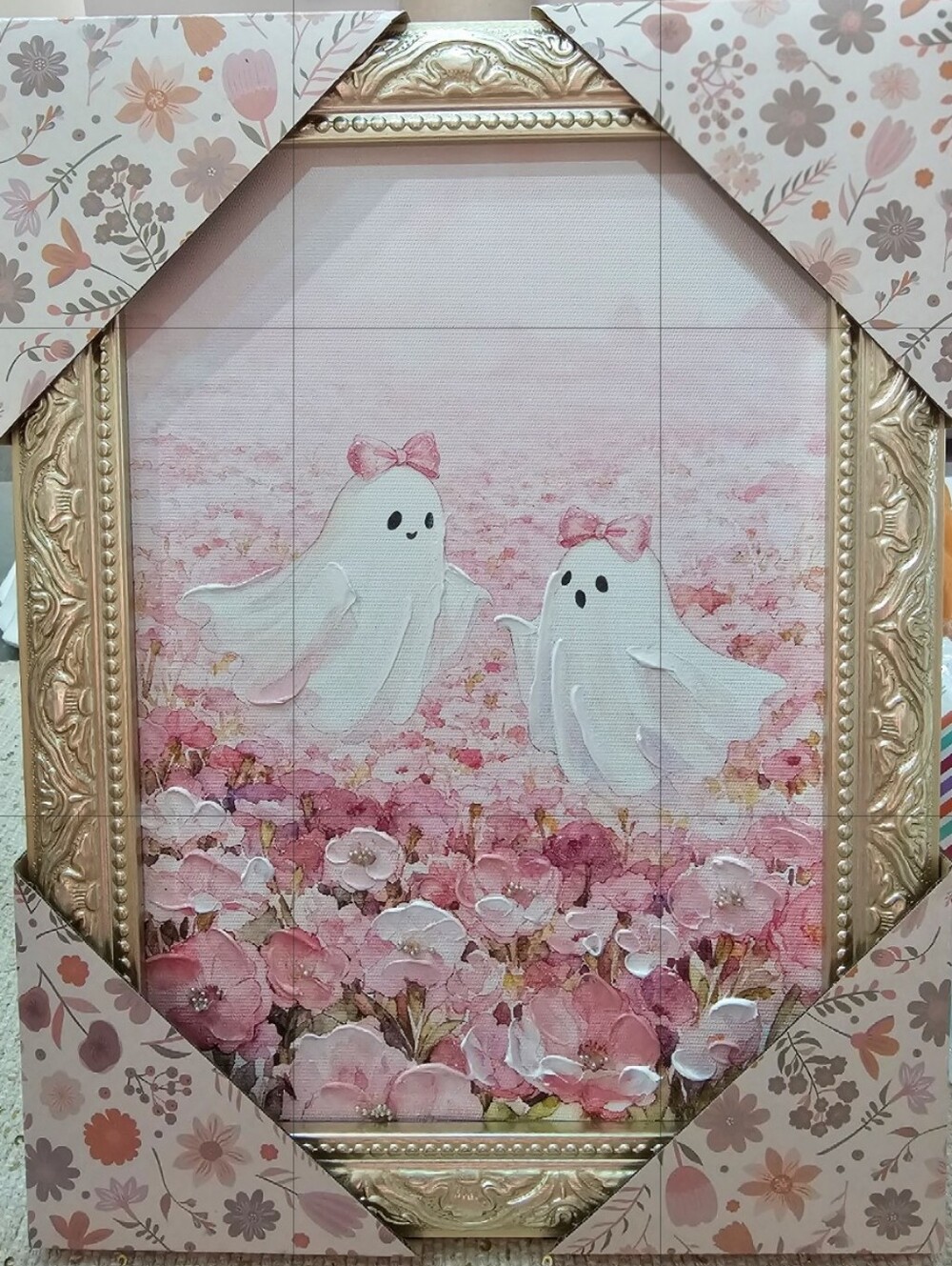 NWT! Summerween Pink Floral Ghosts Framed Canvas Wall Art 9x11 Halloween 🌸